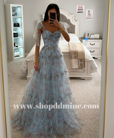 PRINTED FLORAL TULLE LAYERED GOWN