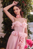 STRAPLESS CHIFFON RUFFLE A LINE DRESS