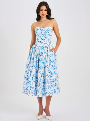 PALOMA BLUE PRINT LINEN CORSET DRAPING MIDI DRESS