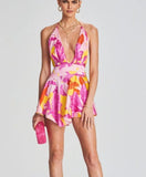 RETROFETE VALO HALTER SILK BOTANICAL FLORAL MINI DRESS