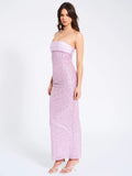 LAINEY PURPLE SATIN SEQUIN PEARL BEADED MAXI DRESS