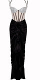 RAFAELA BLACK SATIN CORSET SEQUIN WING CUP DRESS