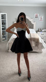 SILVER AND BLACK SATIN BUSTIER MINI DRESS