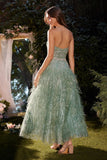 STRAPLESS FEATHER TEA LENGTH SAGE DRESS