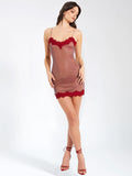 REMI BURGUNDY MESH RHINESTONE LACE MINI DRESS