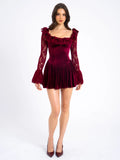 Yachira Burgundy Velvet Lace Flare Sleeve Mini Dress