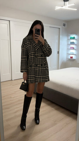 Houndstooth Collared Neck Long Sleeve Coat