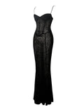 ULANI BLACK BURNOUT VELVET MESH DETAIL MAXI DRESS