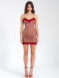 REMI BURGUNDY MESH RHINESTONE LACE MINI DRESS