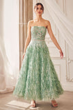 STRAPLESS FEATHER TEA LENGTH SAGE DRESS