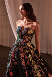 STRAPLESS FLORAL APPLIQUÉ BLACK BALL GOWN