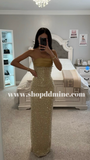 LAINEY GOLD SATIN SEQUIN PEARL BEADED MAXI DRESS