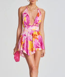 RETROFETE VALO HALTER SILK BOTANICAL FLORAL MINI DRESS