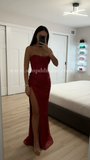 RED GLITTERY CORSET LACE BACK SLIT GOWN