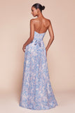 STRAPLESS A-LINE FLORAL SATIN DRESS