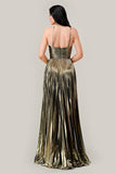 HALTER PLEATED METALLIC A LINE GOWN