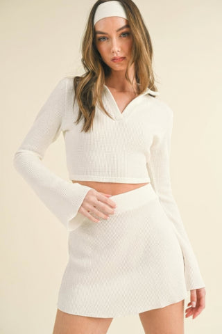 Waffle Knit Bell Sleeve Top And Skirt Set