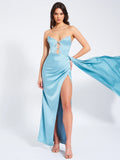 MARILYN PALE BLUE SATIN CORSET EMBELLISHED HIGH SLIT GOWN