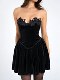 NORA BLACK VELVET DROP WAIST CORSET LACE TRIM DRESS