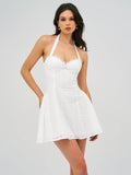 JOANNA WHITE EYELET HALTER MINI DRESS