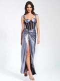 ODESSA SILVER METALLIC CORSET MAXI DRESS