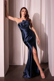 PLEATED STRAPLESS FITTED SATIN GOWN