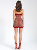 REMI BURGUNDY MESH RHINESTONE LACE MINI DRESS