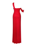 PAGET RED MESH RHINESTONE EMBELLISHED HIGH SLIT GOWN