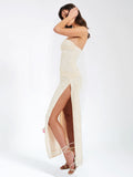 XATIA OFF WHITE JACQUARD TEXTURED HIGH SLIT MAXI DRESS