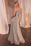 ASYMMETRICAL OFF SHOULDER A LINE BEADED GOWN