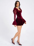 Yachira Burgundy Velvet Lace Flare Sleeve Mini Dress