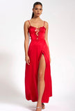 RUBY RED LACE UP HIGH SLIT SATIN DRESS