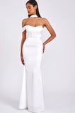 WHITE HALTER NECK DUCHESS SATIN GOWN