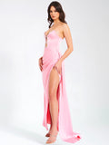 MARILYN PINK SATIN CORSET EMBELLISHED HIGH SLIT GOWN