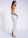 LAINEY WHITE SATIN SEQUIN PEARL BEADED MAXI DRESS