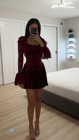 Yachira Burgundy Velvet Lace Flare Sleeve Mini Dress