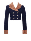 Wava Navy Blue Double Breast Fur Trim Cropped Boucle Wool Jacket