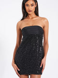 FAIRY BLACK SATIN SEQUIN PEARL BEADED MINI DRESS