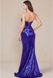 SLEEVELESS STRAPLESS TWISTED PLEATED METALLIC GOWN