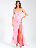 MARILYN PINK SATIN CORSET EMBELLISHED HIGH SLIT GOWN