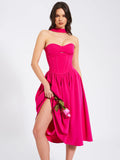 FUCHSIA HALTER NECK CORSET MIDI SUNDRESS