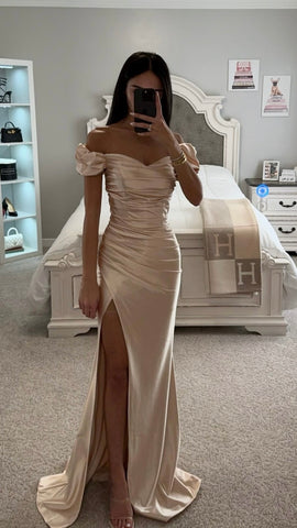 CHAMPAGNE RUFFLE SLEEVE SATIN GOWN