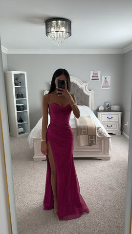 FUCHSIA GLITTERY CORSET LACE BACK SLIT GOWN