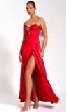 RUBY RED LACE UP HIGH SLIT SATIN DRESS