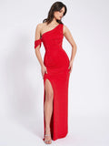 PAGET RED MESH RHINESTONE EMBELLISHED HIGH SLIT GOWN