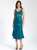 PERLEY TEAL SATIN LACE MIDI DRESS