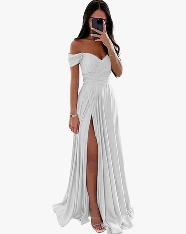 OFF SHOULDER BRIDAL A LINE SATIN GOWN