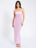 LAINEY PURPLE SATIN SEQUIN PEARL BEADED MAXI DRESS