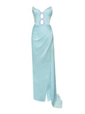 MARILYN PALE BLUE SATIN CORSET EMBELLISHED HIGH SLIT GOWN