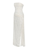 XATIA OFF WHITE JACQUARD TEXTURED HIGH SLIT MAXI DRESS